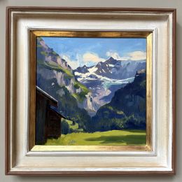 Summer afternoon by a wooden hut, Paragliders by the Grindelwald Glacier