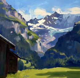 Summer afternoon by a wooden hut, Paragliders by the Grindelwald Glacier