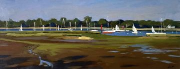 Evening light on the Hamble River with Red Sailing Boat