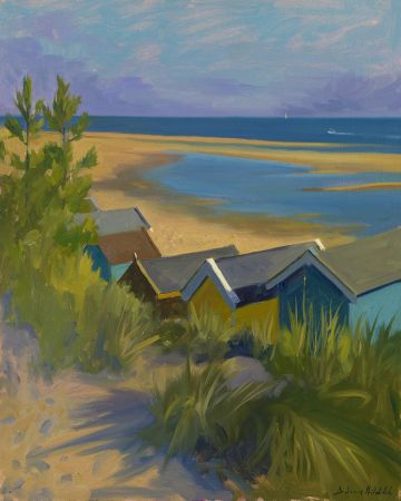 On the sand dunes above beach huts at Wells, Summer morning